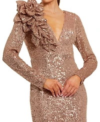 Mac Duggal Women's V-Neck Sequin Evening Gown with 3D Floral Applique