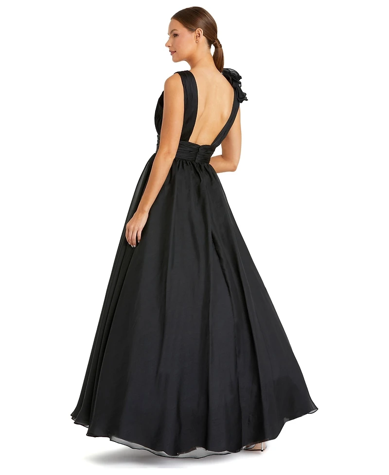 Mac Duggal Petite Ruffle Shoulder V-Neck A-Line Evening Gown