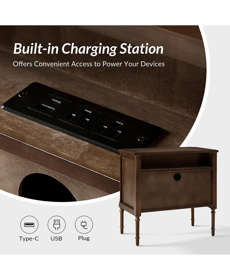 Hulala Home Irene Transitional 28''W 2 Drawer End Table with Charging Station