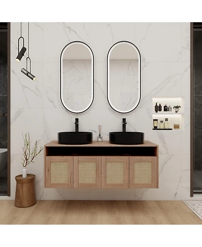 Sillysis Wall Mounted Double Bathroom Vanity, Modern Plywood Cabinet with Dual Vessel Ceramic Sinks, Open Storage Shelf