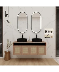 Sillysis Wall Mounted Double Bathroom Vanity, Modern Plywood Cabinet with Dual Vessel Ceramic Sinks, Open Storage Shelf