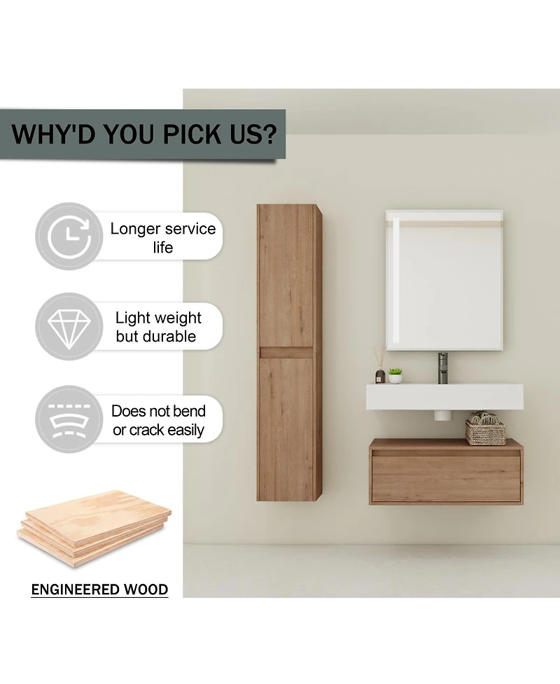 Sillysis 29.5 Inch Wall Mounted Modern Bathroom Vanity with Resin Sink, Soft Close Drawer, Two Tall Side Cabinets for Ample Storage