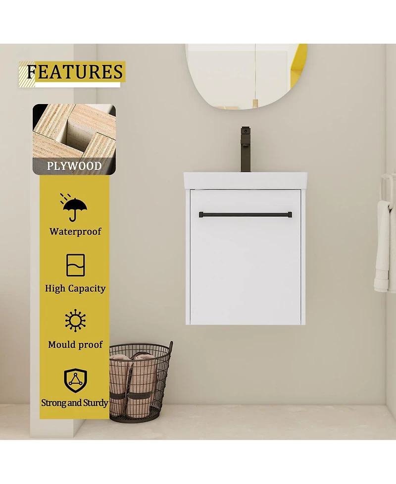 Sillysis Wall Mounted Bathroom Vanity with Ceramic Sink, Soft Close Door, Modern Floating Cabinet for Small Spaces