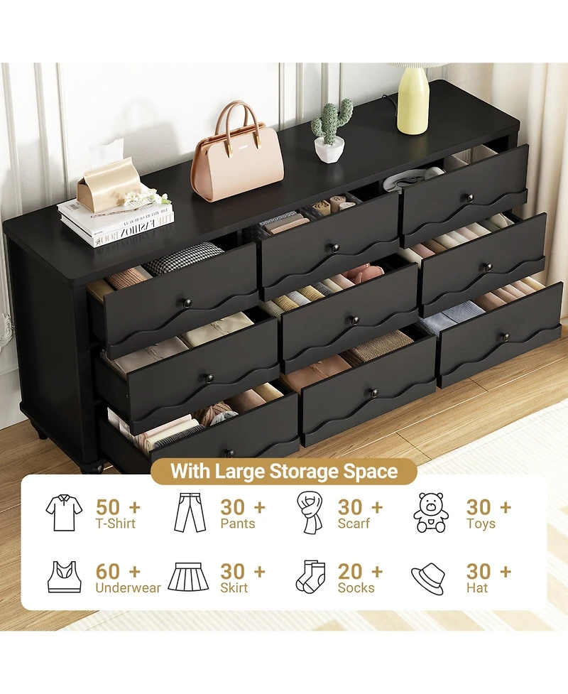 Aheaplus Wooden 9 Drawers Dresser Storage Cabinet with Scalloped Front