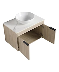 Sillysis Wall Mounted Bathroom Vanity with Ceramic Vessel Sink, Stone Top, Soft Close Doors