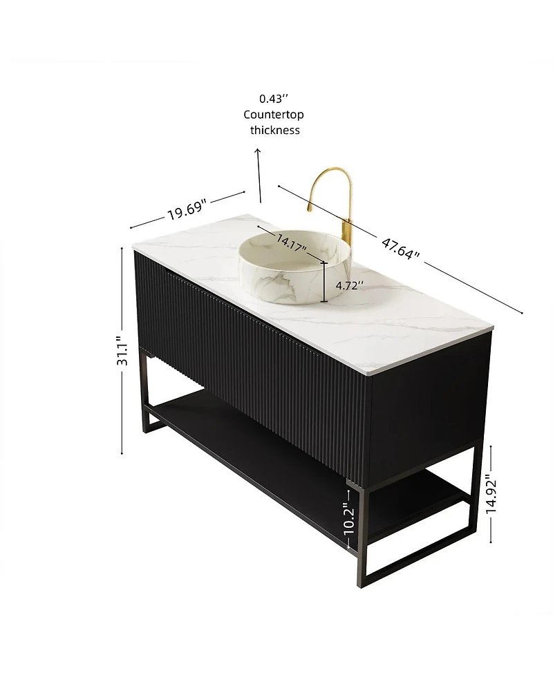Sillysis 48 Inch Modern Bathroom Vanity with Sintered Stone Countertop, Ceramic Vessel Sink, Soft Close Doors, Open Shelf
