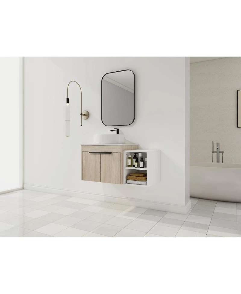 Sillysis Wall Mounted Bathroom Vanity with Ceramic Vessel Sink, Side Storage Shelf, Soft Close Doors
