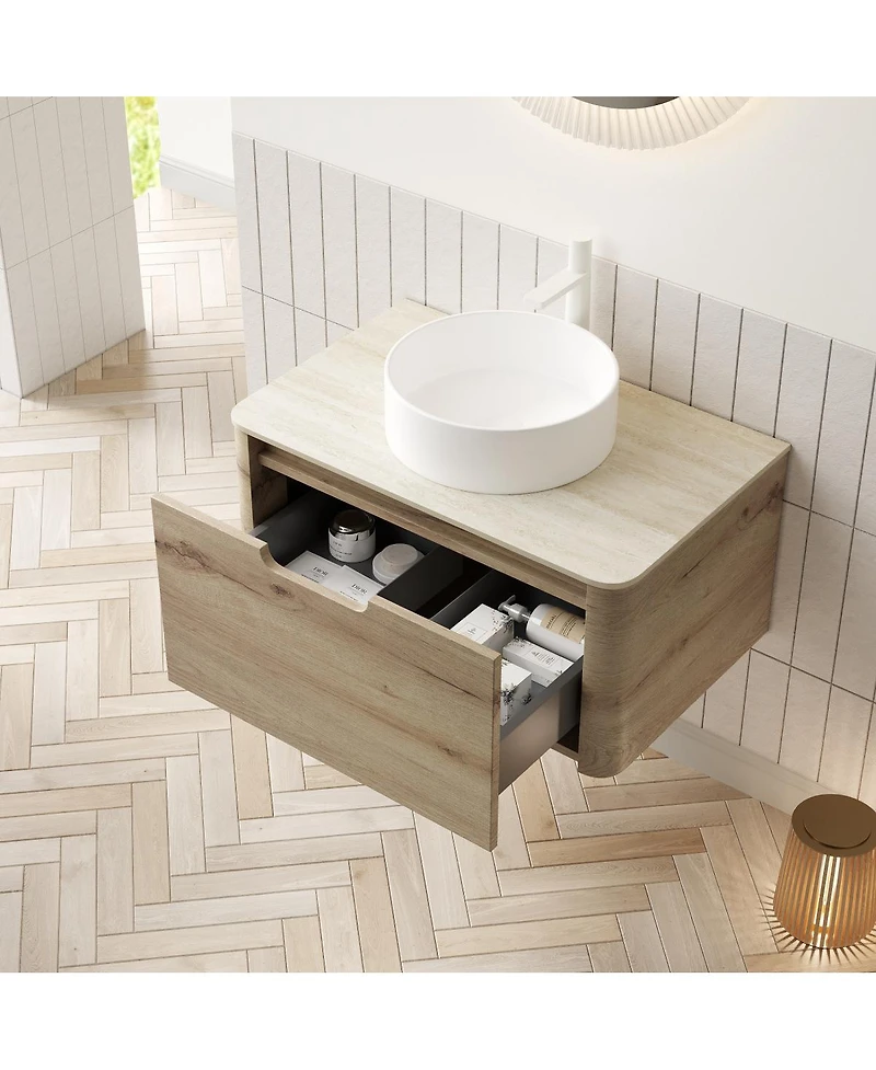 Sillysis Wall Mounted Bathroom Vanity with Ceramic Round Basin, Sintered Stone Top, Soft Close Drawer, Available in 24 30 36 Inch