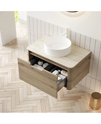 Sillysis Wall Mounted Bathroom Vanity with Ceramic Round Basin, Sintered Stone Top, Soft Close Drawer, Available in 24 30 36 Inch