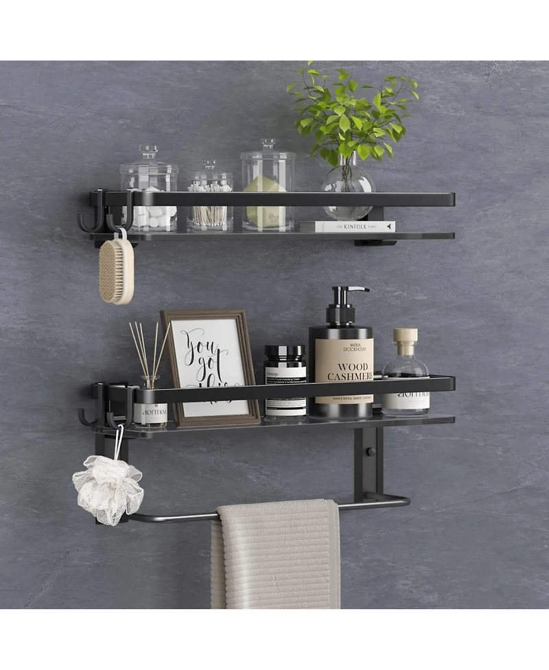 Phying 15.7 Inch 2 Tier Wall Mounted Tempered Glass Bathroom Shelf Multifunctional Bathroom Storage Organizer With Towel Bar For Bathroom