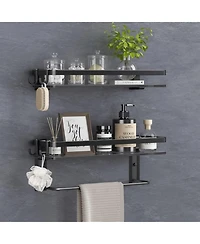 Phying 15.7 Inch 2 Tier Wall Mounted Tempered Glass Bathroom Shelf Multifunctional Bathroom Storage Organizer With Towel Bar For Bathroom