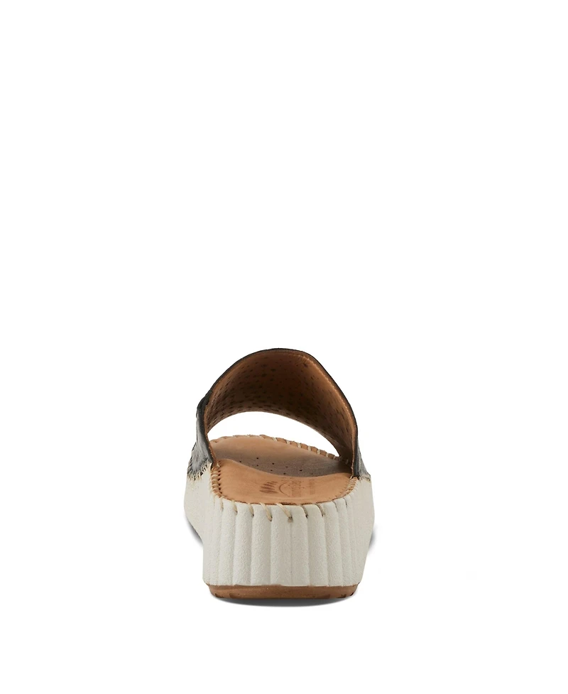 Spring Step Women's Rhydian Slip-On Leather Wedge Sandals - Perforated Flower Design, Cushioned Footbed