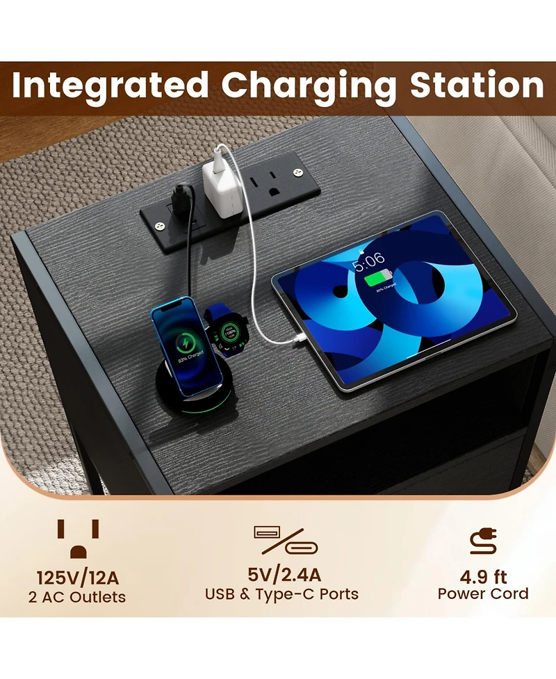 Slickblue Nightstand with Built-In Charging Station, Usb Ports and Power Outlets
