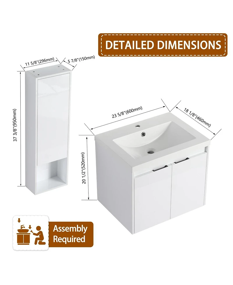 Sillysis 24 Inch Modern Wall Mounted Bathroom Vanity with Resin Sink, Soft Close Doors, Water-Resistant Cabinet, Small Wall Storage
