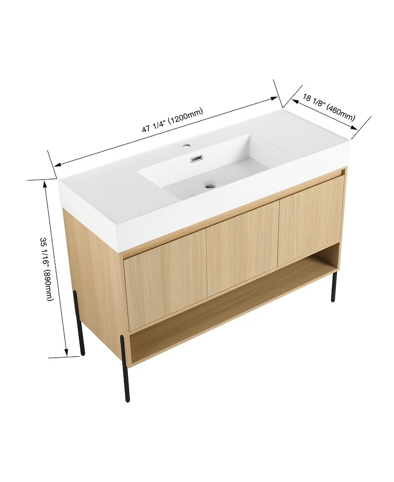 Sillysis 47 Inch Freestanding Bathroom Vanity with Resin Basin, Double Doors, Large Storage, Open Shelf for Modern Bathrooms