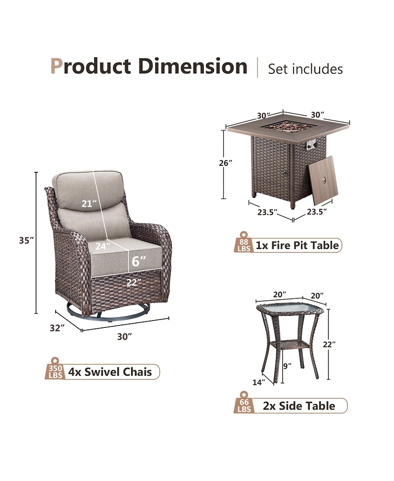 Pocassy Patio Rocking Swivel Chair with Fire Pit Table Outdoor Wicker Rattan Bistro Set Tempered Glass Side