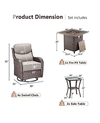 Pocassy Patio Rocking Swivel Chair with Fire Pit Table Outdoor Wicker Rattan Bistro Set Tempered Glass Side