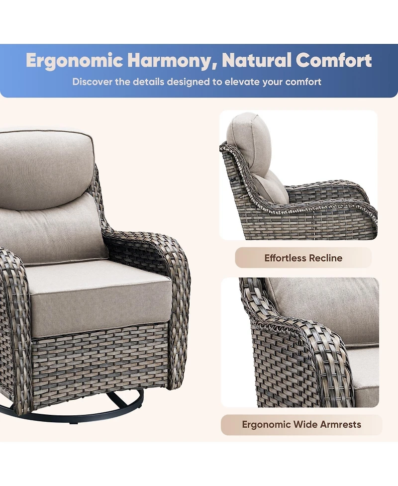 Pocassy Patio Rocking Swivel Chair with Fire Pit Table Outdoor Wicker Rattan Bistro Set Tempered Glass Side