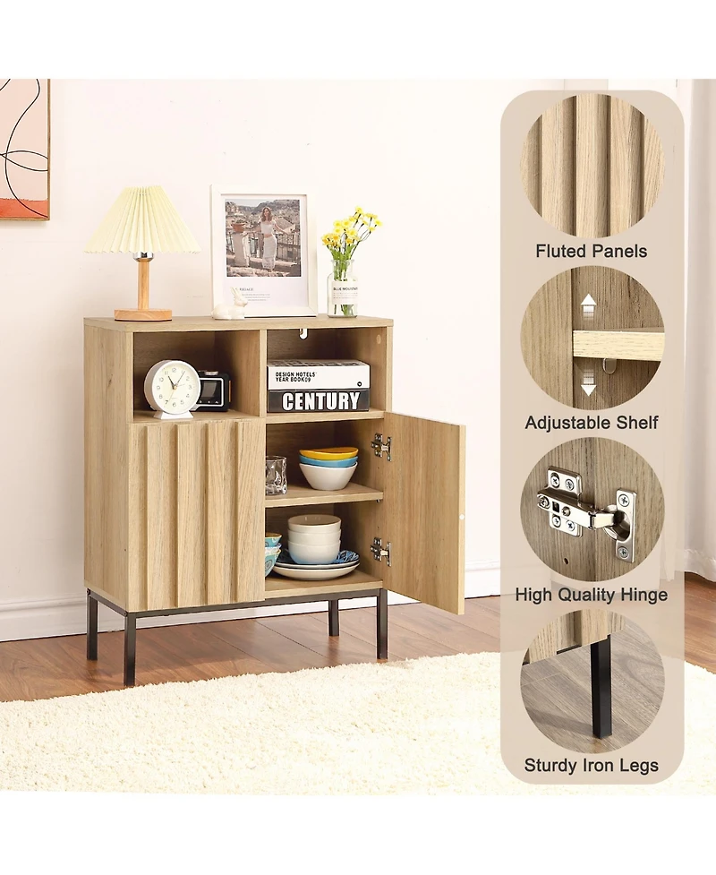 homfan Modern Industrial Entryway Storage Cabinet, Fluted Panel Door, Adjustable Shelves, Metal Legs, Buffet Sideboard