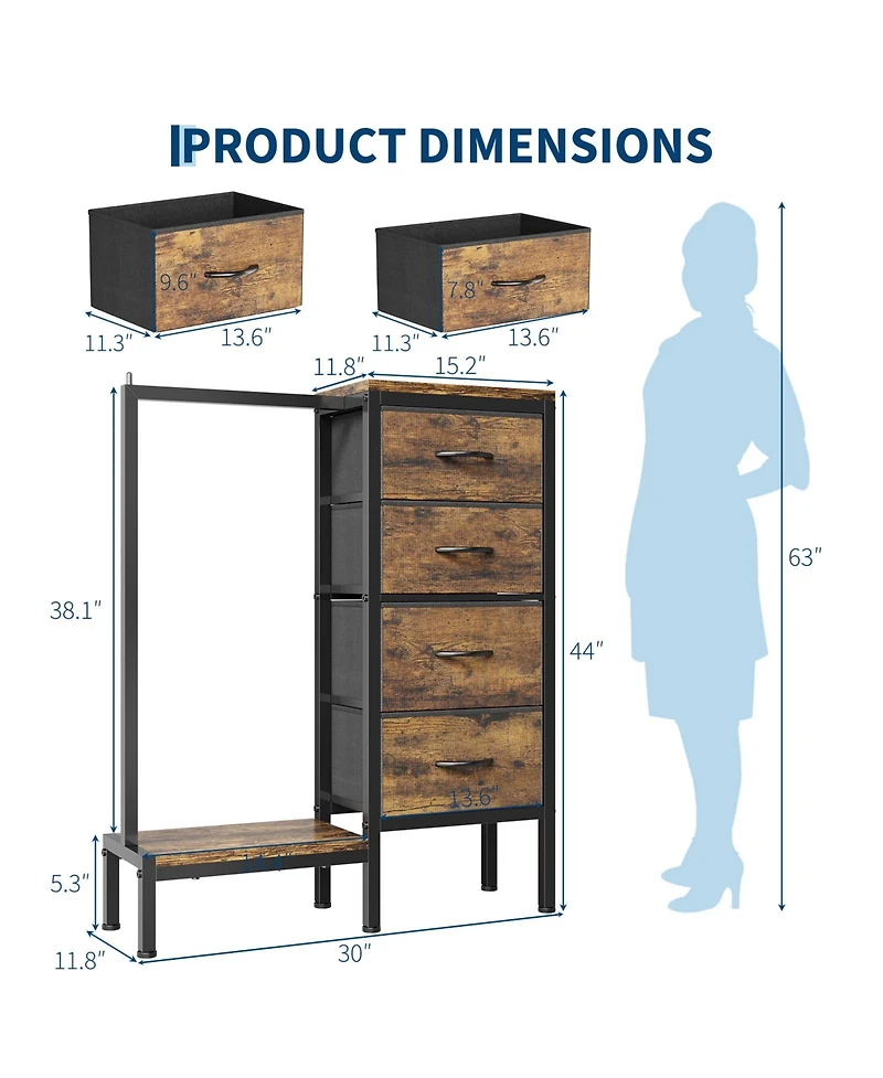 homfan Heavy Duty 4-Drawer Fabric Dresser with Hanging Rail - Multi-Functional Storage Organizer Shelf Metal Frame, Anti-Tip Safety