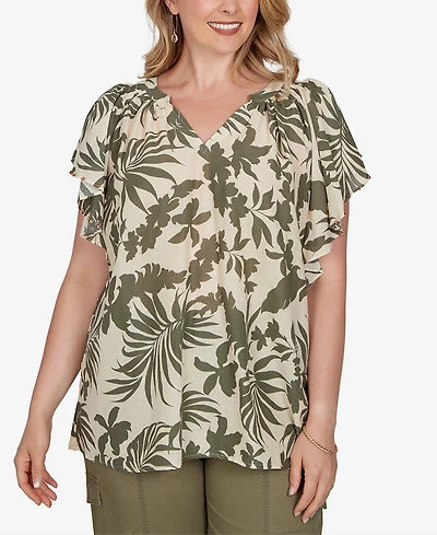 Ruby Rd. Plus Tropical Print Gauze Flutter-Sleeve Top