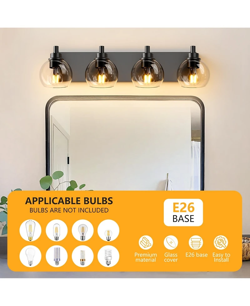 Midola Industrial Bathroom Vanity Light, 4-Light Bathroom Lights Over Mirror with Clear Glass Globe Shade and Metal Base