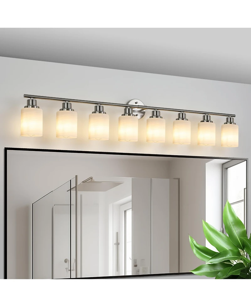Midola 52" Modern 8-Light Vanity Wall Sconce, Brushed Nickel Finish with Frosted Glass Shades for Bathroom or Hallway Lighting