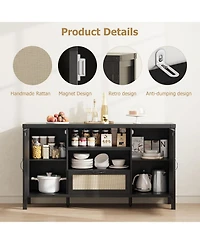 homfan Boho Rattan Sideboard Cabinet with Storage Buffet Cabinet with Drawers, Farmhouse Coffee Bar for Living Room, Kitchen, Entryway