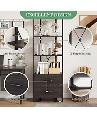 homfan Industrial Steel-Wood Storage Bookcase, Multi-Shelf Cabinet with Hidden Drawers and Anti-Tip Device, Easy Assembly Home Office Organizer