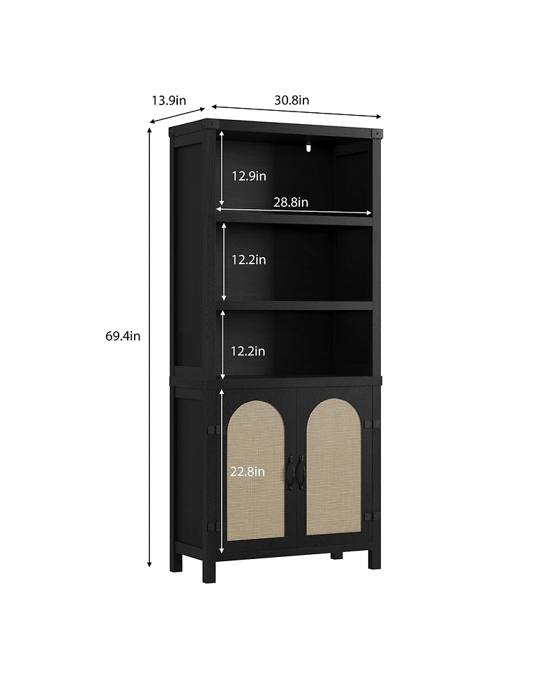 homfan 71 Inch Rustic Farmhouse 5-Tier Bookshelf with Doors, Adjustable Shelves and Storage Cabinets, Freestanding Display Organizer for Living Room
