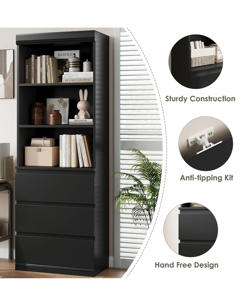 homfan 70 Inch Tall Bookcase with 3 Drawers and 3 Open Shelves, Modern Storage