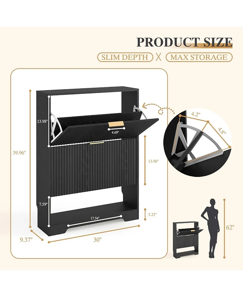 homfan Fluted Shoe Cabinet for Entryway with 2 Flip Drawers, Narrow Shoe Rack with Open Storage and Adjustable Shelf, 29.9"W x 9.4"D x 40"H