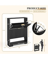 homfan Fluted Shoe Cabinet for Entryway with 2 Flip Drawers, Narrow Shoe Rack with Open Storage and Adjustable Shelf, 29.9"W x 9.4"D x 40"H