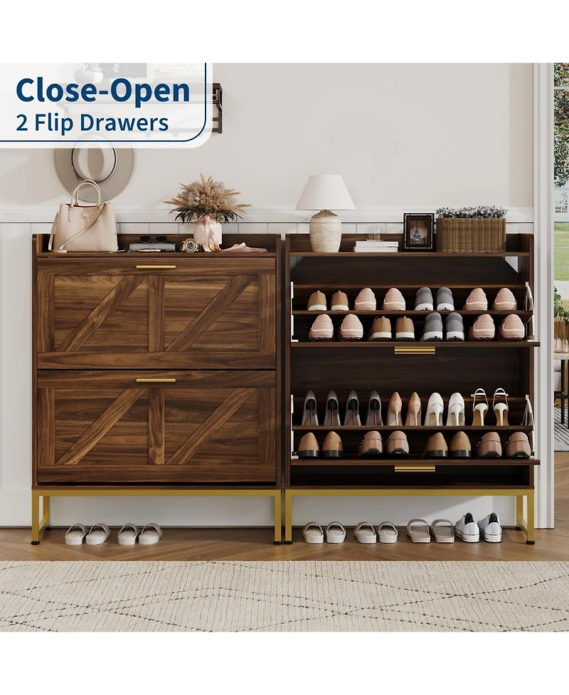 homfan Narrow Shoe Cabinet for Entryway with 2 Flip Drawers, Adjustable Shelves, Dustproof Back Panel