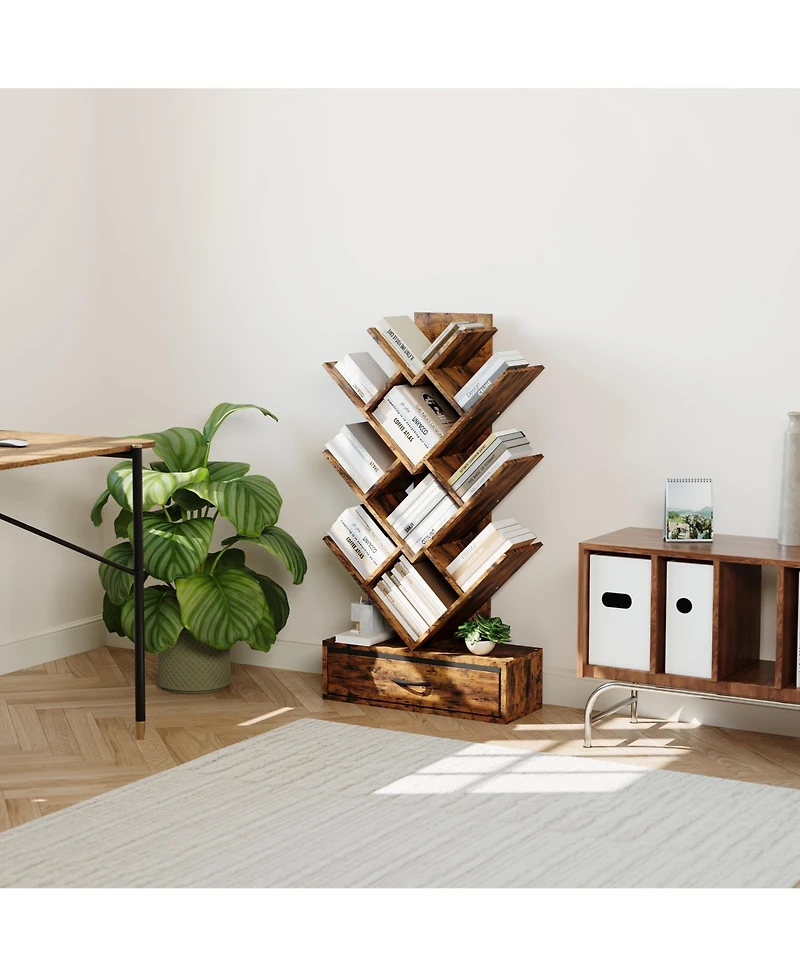 Gaomon Tree Bookshelf with Led Lights, 7-Tier Bookcase with Fabric Drawer, Narrow Industrial Floor Standing Storage Rack for Small Spaces