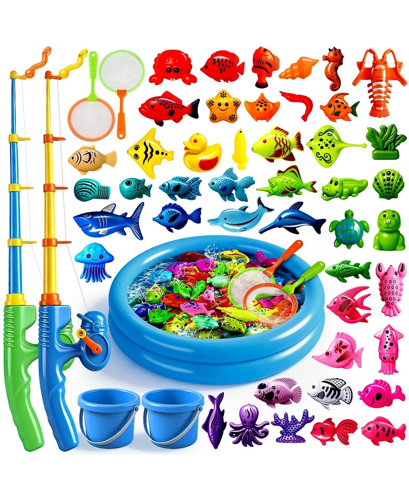 Gnuadz 51 Fishes Fishing Game Water Table Bath Toy Pole Rod Net Floating Fish Outdoor Kids Gift