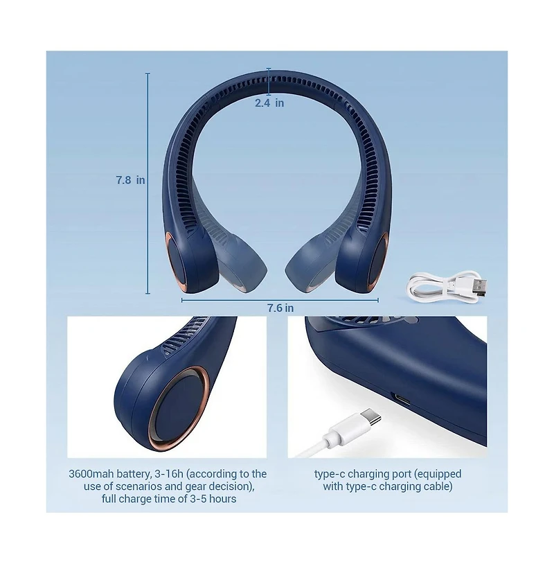 Cowin Portable Neck Fan, Without Blades, Supports Usb Charging, 3 Speed Settings, Suitable for Travel, Outdoor Activities and As A Gift