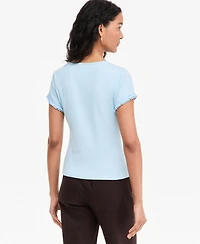 On 34th Women's Ruffle-Trim Button-Front Short-Sleeve Ribbed Top, Macy's Exclusive