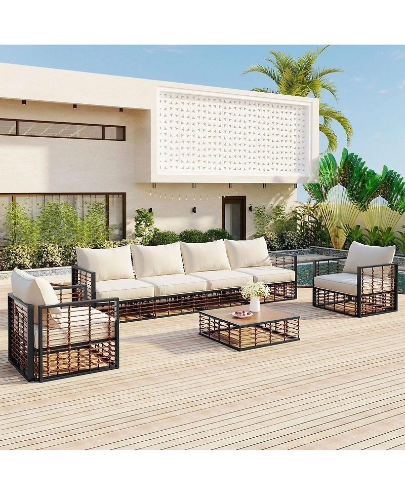 Asagikoiai 7 Piece Metal Patio Sectional Sofa Set with Water Resistant Cushions and Table-Asagikoiai