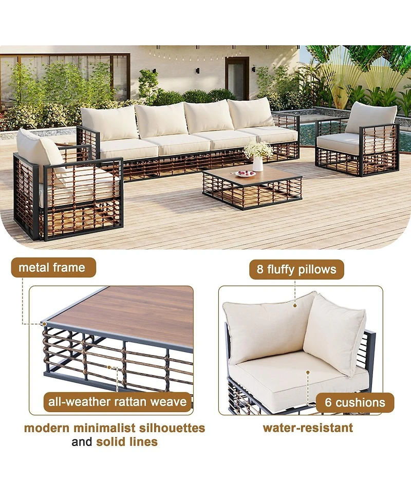Asagikoiai 7 Piece Metal Patio Sectional Sofa Set with Water Resistant Cushions and Table-Asagikoiai