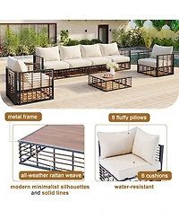 Asagikoiai 7 Piece Metal Patio Sectional Sofa Set with Water Resistant Cushions and Table-Asagikoiai