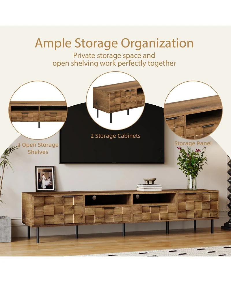 Rainsken 80" Mid Century Tv Stand, with 2 Drawers, 2 Doors, and Open Space, for TVs Up to 85", Media Console, for Living room, Bedroom, Home Theatre
