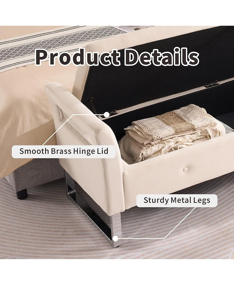 Rainsken Storage Ottoman, 67.91" Velvet Upholstered End of Bed Bench with Armrests for Living Room, Entryway