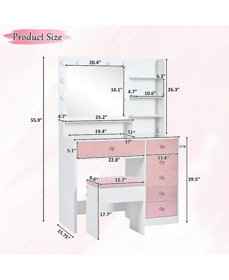 Rainsken Dressing Table Set with Cushioned Stool, Modern Makeup Vanity with Glass Top, 11 Led Bulbs, 6 Storage Drawer and Shelves for Bedroom