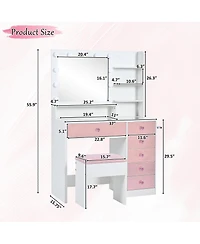 Rainsken Dressing Table Set with Cushioned Stool, Modern Makeup Vanity with Glass Top, 11 Led Bulbs, 6 Storage Drawer and Shelves for Bedroom