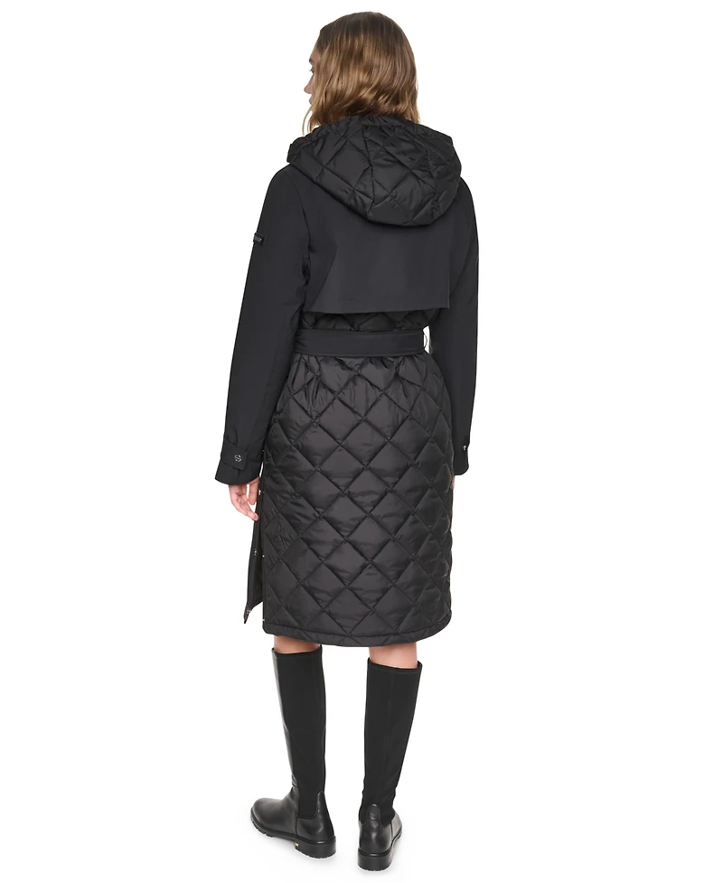 Dkny Women's Belted Trench with Hooded Bib Coat