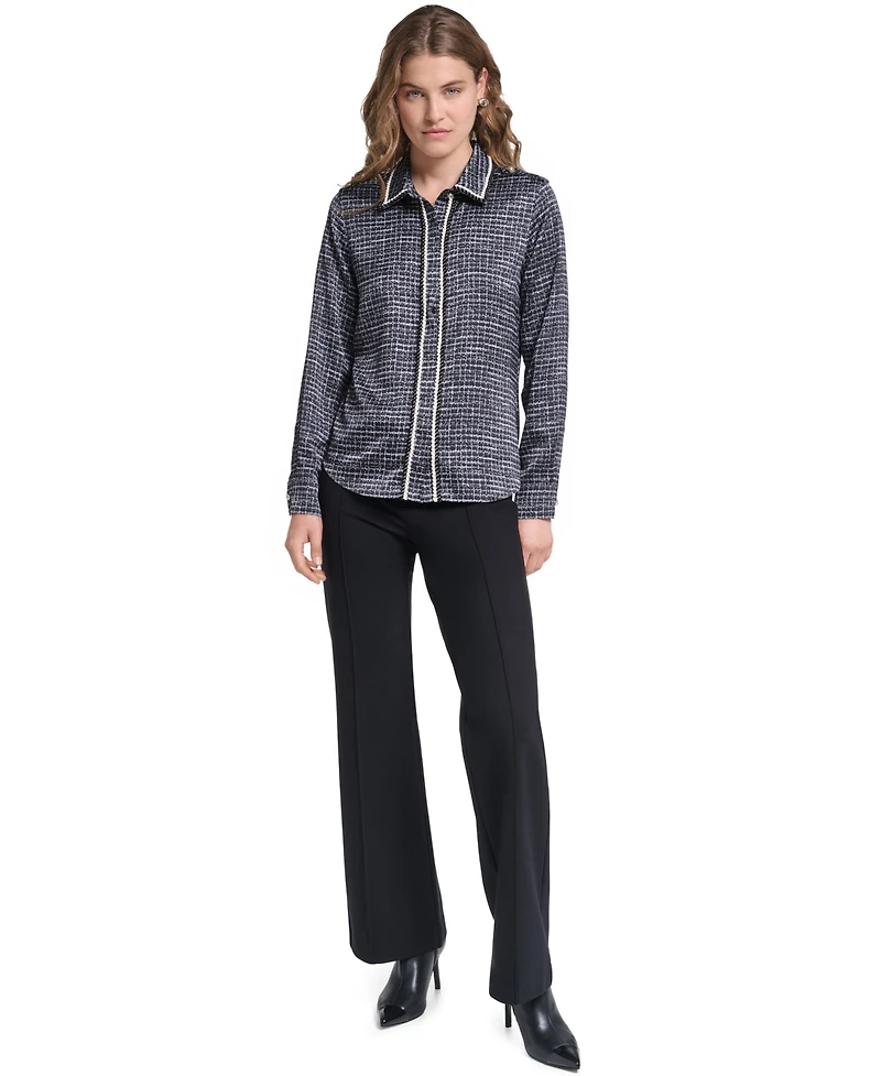 Karl Lagerfeld Paris Petite Print Tweed Trim Top