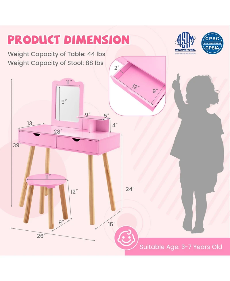 Gouun Kids 2-in-1 Vanity Desk and Stool Set with Detachable Mirror and 2 Drawers