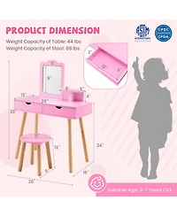 Gouun Kids 2-in-1 Vanity Desk and Stool Set with Detachable Mirror and 2 Drawers