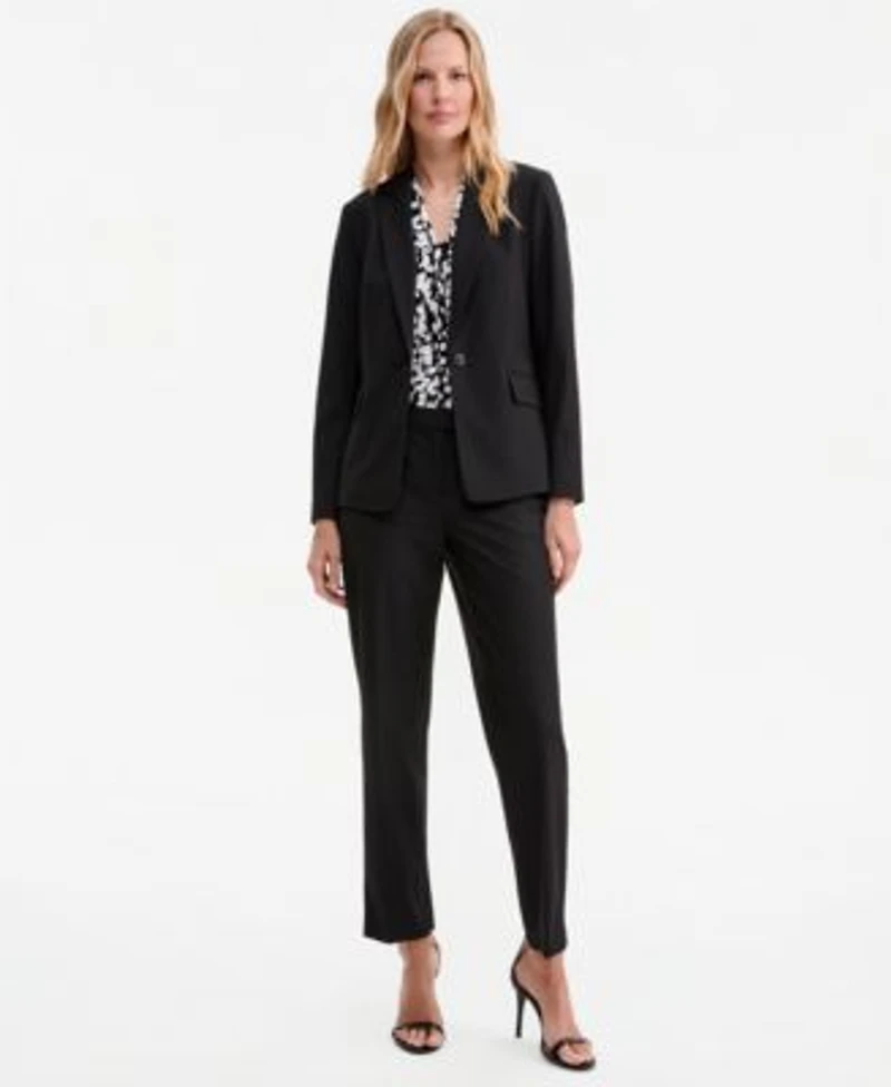 Kasper Womens Washable Notch Collar One Button Jacket Printed Knot Neck Sleeveless Blouse Mid Rise Fly Front Slim Pants